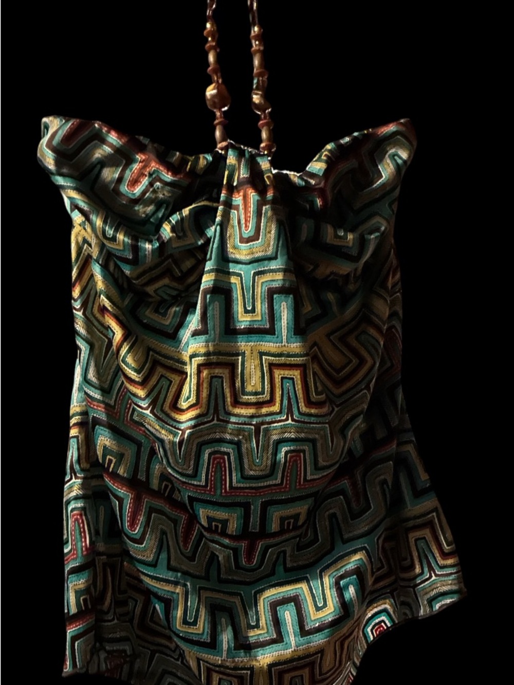 Cato Geometric Chevron Beaded Halter Top Tank Blouse Medium Boho Turquoise Brown - Picture 2 of 6
